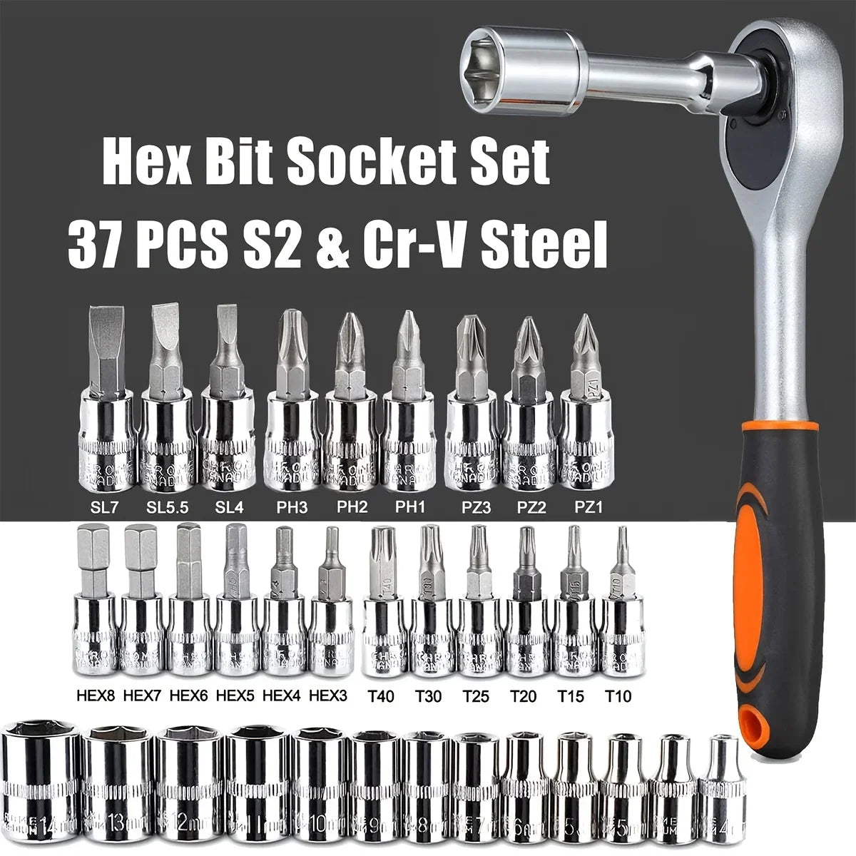 46PCS Socket Wrench Tool Set – 1/4" Ratchet Metric & Hex Bit Kit for Auto Repair & Home Use