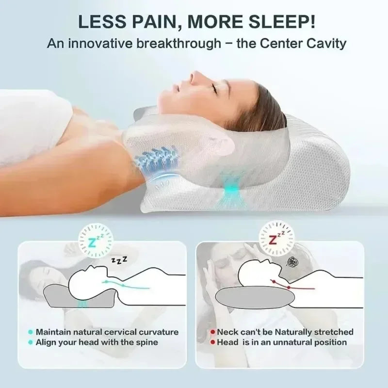 Memory foam pillow with anatomical contours for neck pain relief and abdominal support