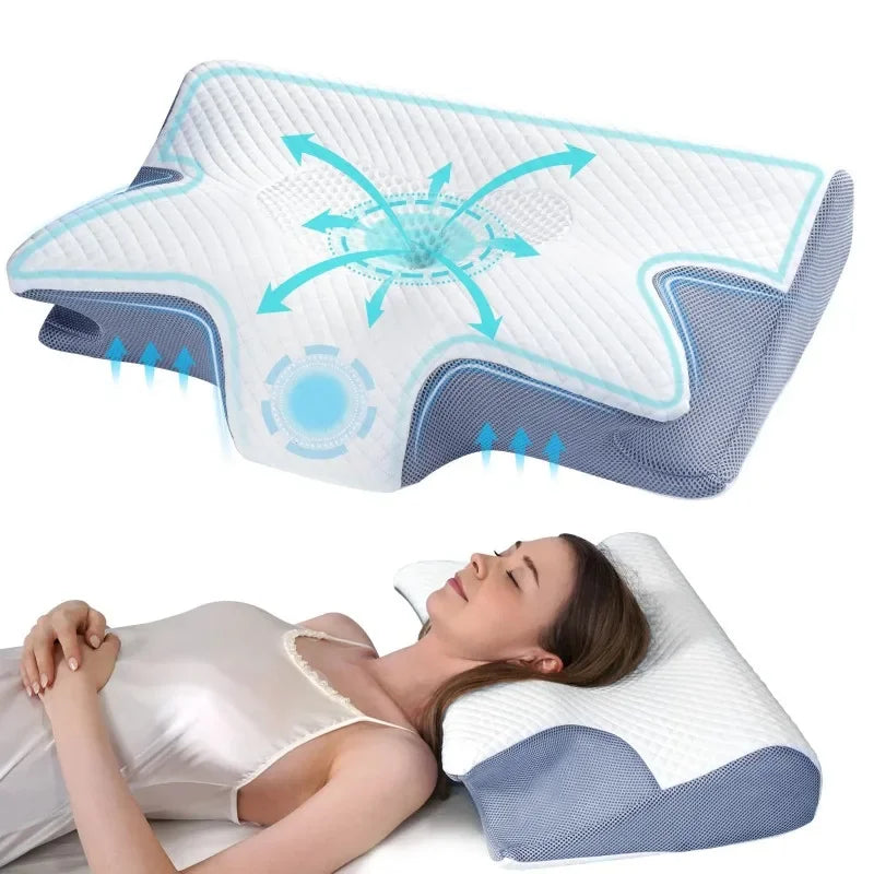 Memory foam pillow with anatomical contours for neck pain relief and abdominal support