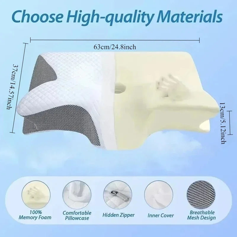 Memory foam pillow with anatomical contours for neck pain relief and abdominal support