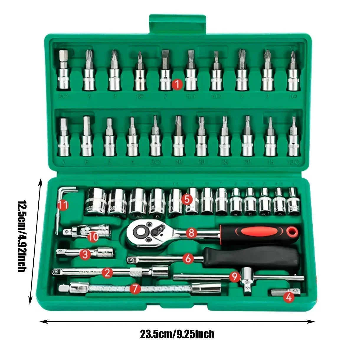 46PCS Socket Wrench Tool Set – 1/4" Ratchet Metric & Hex Bit Kit for Auto Repair & Home Use