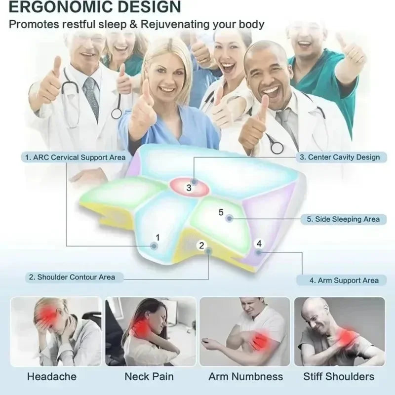 Memory foam pillow with anatomical contours for neck pain relief and abdominal support