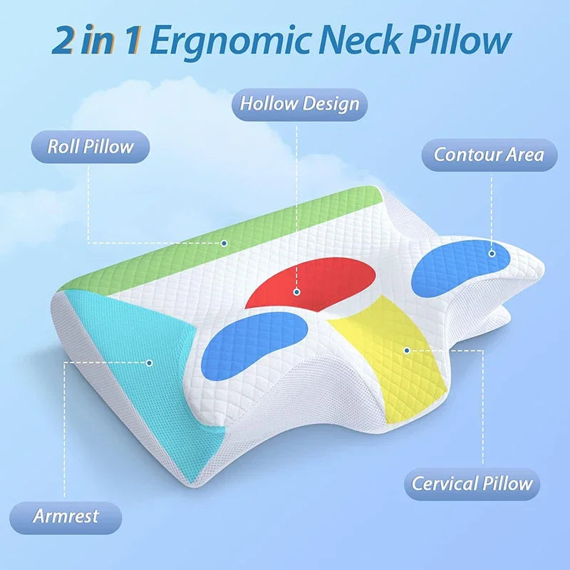 Memory foam pillow with anatomical contours for neck pain relief and abdominal support