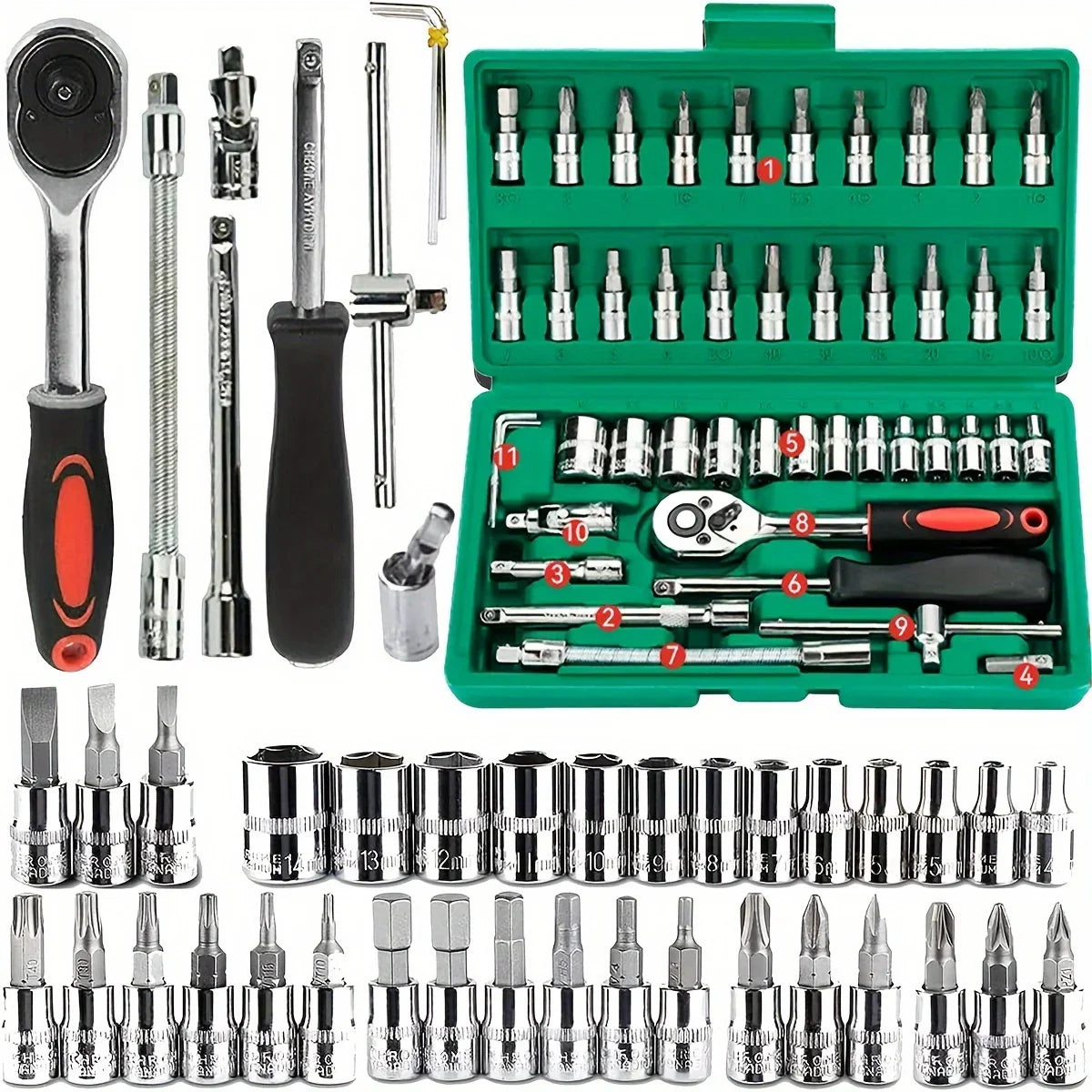 46PCS Socket Wrench Tool Set – 1/4" Ratchet Metric & Hex Bit Kit for Auto Repair & Home Use